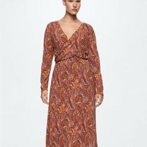 Mango MNG Paisley Print Midi Dress Plunge Neckline Medium Boho Wrap Style